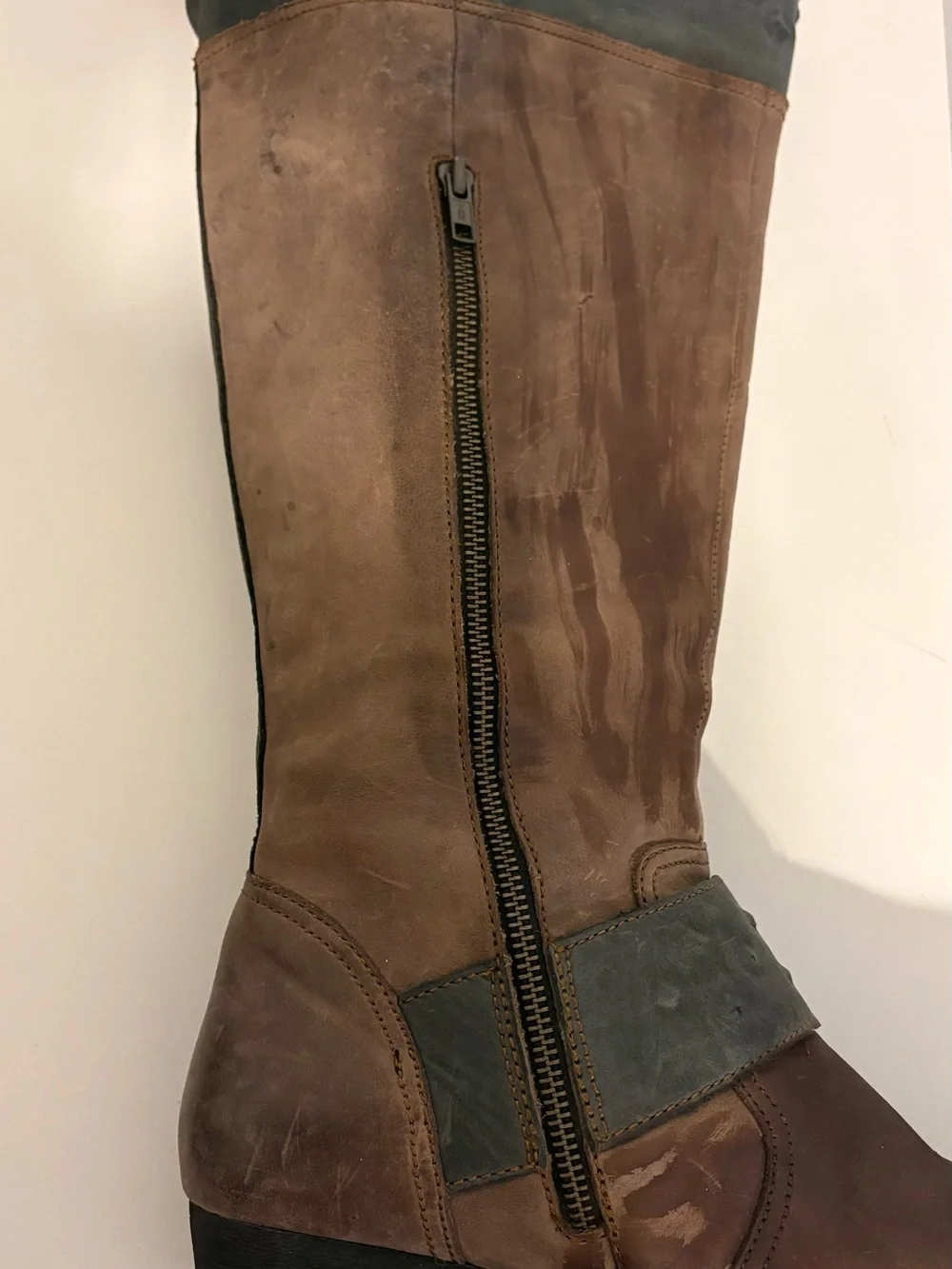 BORN, Two-Tone Brown Distressed Leather Knee-High Riding Boots